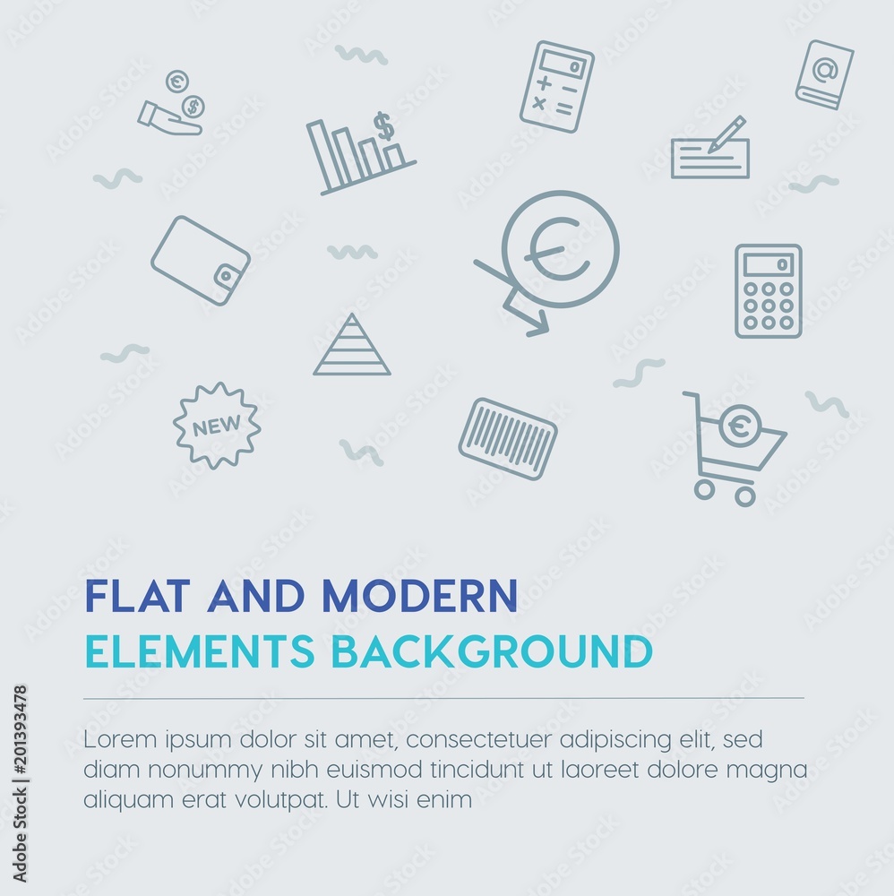 Poster business, money, shopping outline vector icons and elements background concept on grey background...
