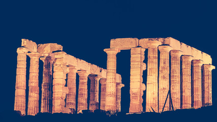 Greek temple of Poseidon at night, Cape Sounio