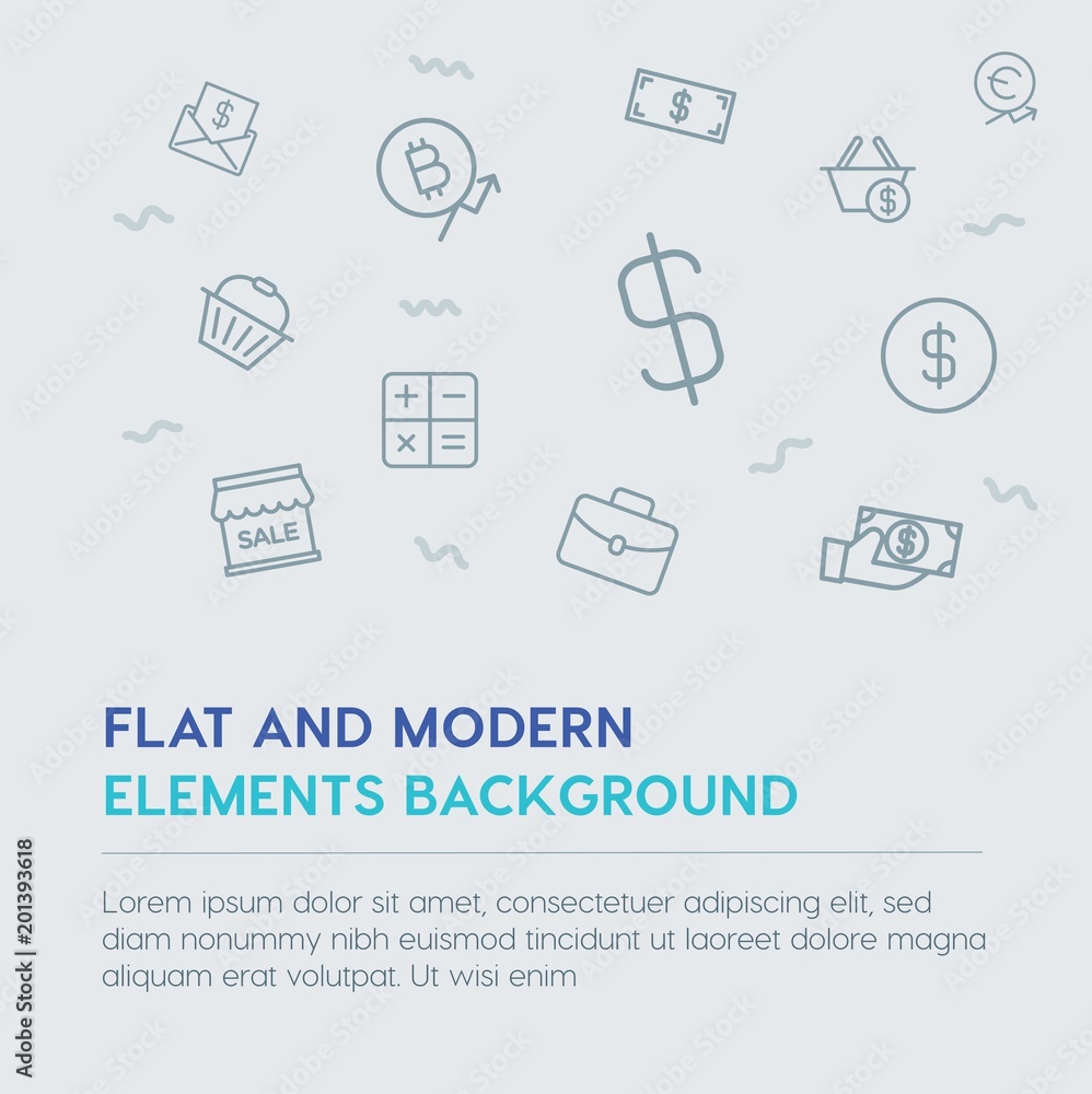Poster business, money, shopping outline vector icons and elements background concept on grey background...