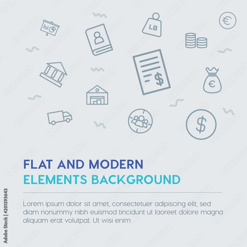 Poster business, money, shopping outline vector icons and elements background concept on grey background...