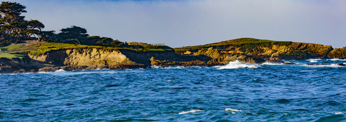 Cypress Point - Pebble Beach, California, February 17, 2018:  Panorama view of Fan shell Beach with the Cypress Point Golf Course in the background. © bullsiphoto