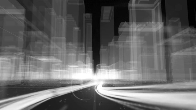 Abstract seamless loop animation of fiber optic cables carrying information into wireframe city buildings