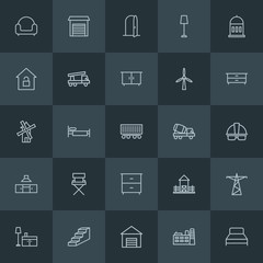 Modern Simple Set of industry, buildings, furniture Vector outline Icons. ..Contains such Icons as  table, agriculture,  tower,  farm,  bed and more on dark background. Fully Editable. Pixel Perfect.