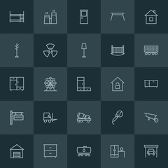 Modern Simple Set of industry, buildings, furniture Vector outline Icons. ..Contains such Icons as closet,  travel,  wooden,  room,  house and more on dark background. Fully Editable. Pixel Perfect.