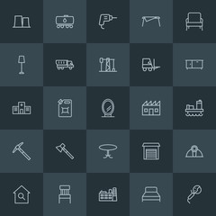 Modern Simple Set of industry, buildings, furniture Vector outline Icons. ..Contains such Icons as  fuel,  chair, drill,  iron,  industry and more on dark background. Fully Editable. Pixel Perfect.