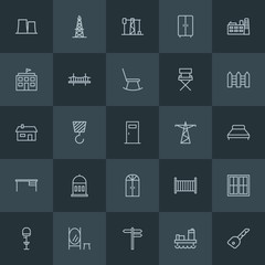 Modern Simple Set of industry, buildings, furniture Vector outline Icons. ..Contains such Icons as  key,  drilling,  gas, power,  house, bar and more on dark background. Fully Editable. Pixel Perfect.