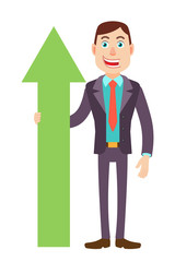 Businessman holding a green arrow