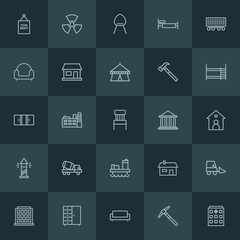 Modern Simple Set of industry, buildings, furniture Vector outline Icons. ..Contains such Icons as  industry,  plant,  house, bedroom,  sign and more on dark background. Fully Editable. Pixel Perfect.