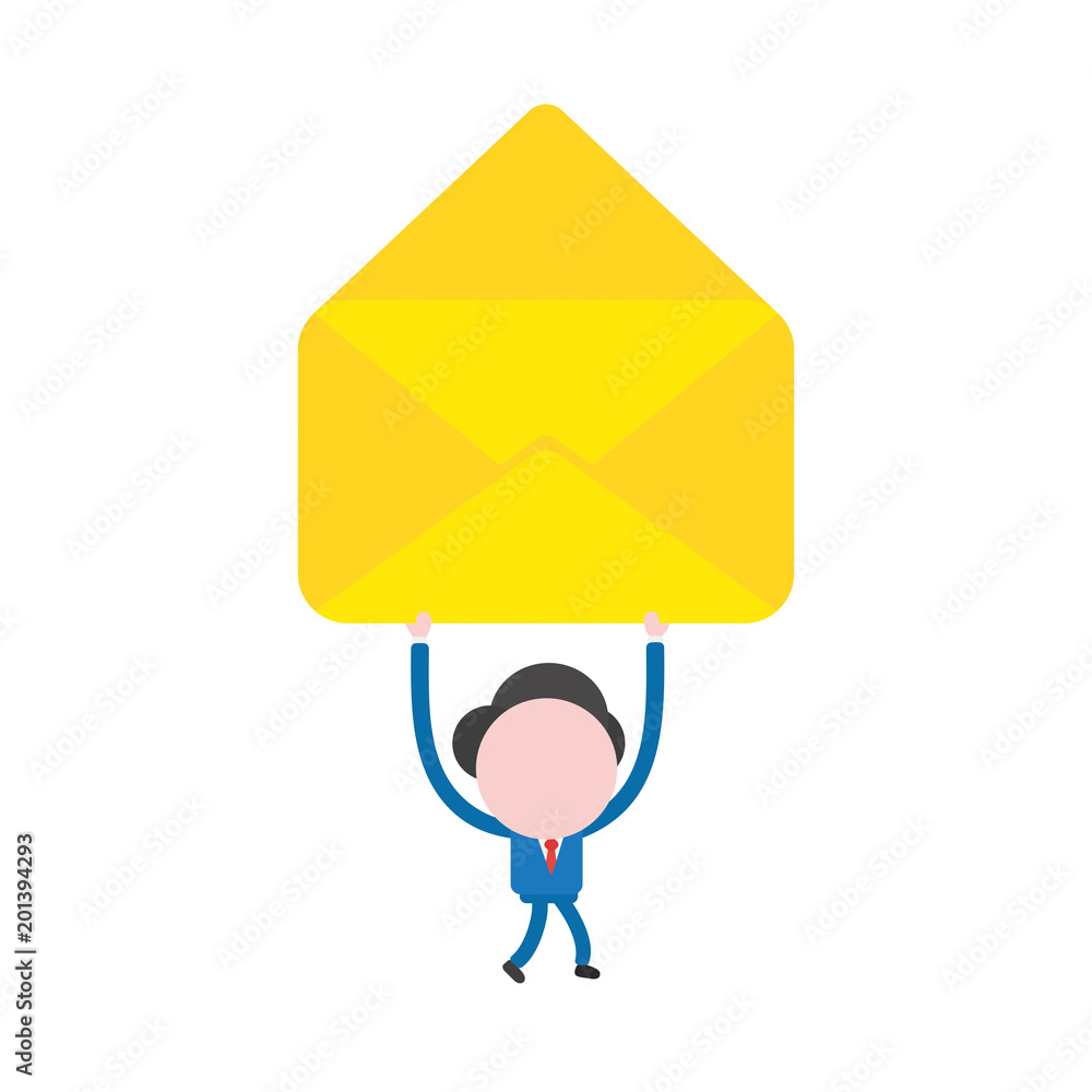 Poster vector illustration businessman walking and holding up open empty envelope