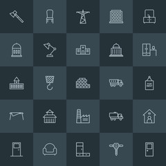 Modern Simple Set of industry, buildings, furniture Vector outline Icons. ..Contains such Icons as  water,  tool,  industry,  construction and more on dark background. Fully Editable. Pixel Perfect.