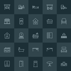 Modern Simple Set of industry, buildings, furniture Vector outline Icons. ..Contains such Icons as  auto,  business,  architecture,  vehicle and more on dark background. Fully Editable. Pixel Perfect.