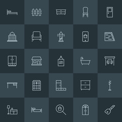 Modern Simple Set of industry, buildings, furniture Vector outline Icons. ..Contains such Icons as  key,  chair,  table, fence,  property and more on dark background. Fully Editable. Pixel Perfect.