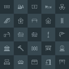 Modern Simple Set of industry, buildings, furniture Vector outline Icons. ..Contains such Icons as  couch,  transportation,  shovel,  wooden and more on dark background. Fully Editable. Pixel Perfect.