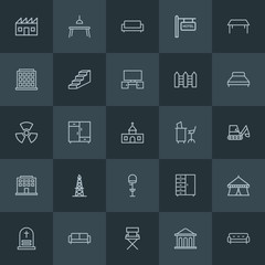 Modern Simple Set of industry, buildings, furniture Vector outline Icons. ..Contains such Icons as  vintage,  show,  house,  decoration and more on dark background. Fully Editable. Pixel Perfect.