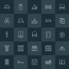 Modern Simple Set of industry, buildings, furniture Vector outline Icons. ..Contains such Icons as  industrial,  interior, home,  plant, bed and more on dark background. Fully Editable. Pixel Perfect.
