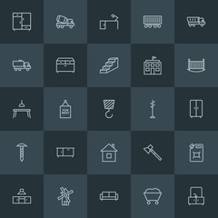 Modern Simple Set of industry, buildings, furniture Vector outline Icons. ..Contains such Icons as closet,  wagon,  can,  hammer,  power and more on dark background. Fully Editable. Pixel Perfect.