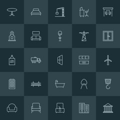 Modern Simple Set of industry, buildings, furniture Vector outline Icons. ..Contains such Icons as  auto,  religion,  work,  vehicle, garage and more on dark background. Fully Editable. Pixel Perfect.