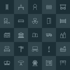 Modern Simple Set of industry, buildings, furniture Vector outline Icons. ..Contains such Icons as  comfy,  work,  house,  desk,  open,  oil and more on dark background. Fully Editable. Pixel Perfect.