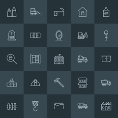 Modern Simple Set of industry, buildings, furniture Vector outline Icons. ..Contains such Icons as  industry,  freight,  open,  crane,  work and more on dark background. Fully Editable. Pixel Perfect.