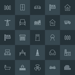 Modern Simple Set of industry, buildings, furniture Vector outline Icons. ..Contains such Icons as  danger,  couch,  hazard,  architecture and more on dark background. Fully Editable. Pixel Perfect.