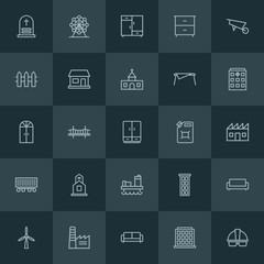 Modern Simple Set of industry, buildings, furniture Vector outline Icons. ..Contains such Icons as  home,  industry,  background,  clothes and more on dark background. Fully Editable. Pixel Perfect.