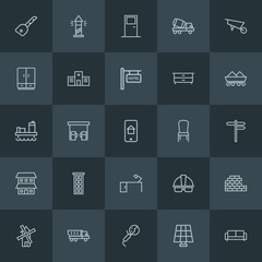 Modern Simple Set of industry, buildings, furniture Vector outline Icons. ..Contains such Icons as  couch,  energy, energy,  panel,  sea and more on dark background. Fully Editable. Pixel Perfect.