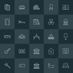 Modern Simple Set of industry, buildings, furniture Vector outline Icons. ..Contains such Icons as  clothes,  bed, container,  health,  oil and more on dark background. Fully Editable. Pixel Perfect.