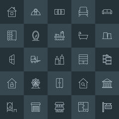 Modern Simple Set of industry, buildings, furniture Vector outline Icons. ..Contains such Icons as sign, transportation,  house,  tool, home and more on dark background. Fully Editable. Pixel Perfect.
