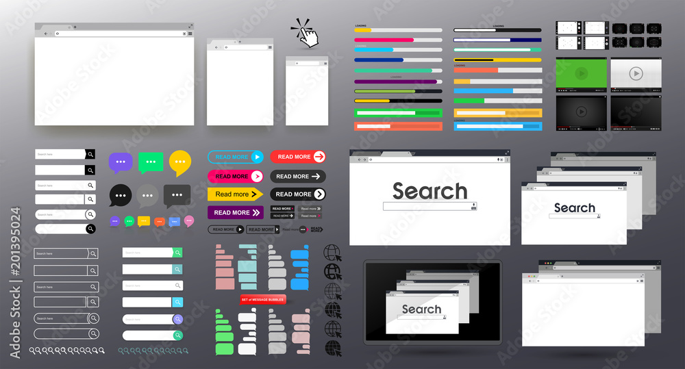 Poster set of search bar vector element design templates. open internet browser window in a flat style. des