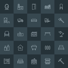 Modern Simple Set of industry, buildings, furniture Vector outline Icons. ..Contains such Icons as  sink,  elementary,  chair, wardrobe and more on dark background. Fully Editable. Pixel Perfect.