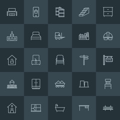 Modern Simple Set of industry, buildings, furniture Vector outline Icons. ..Contains such Icons as  mobile, bathtub,  curtain,  architecture and more on dark background. Fully Editable. Pixel Perfect.