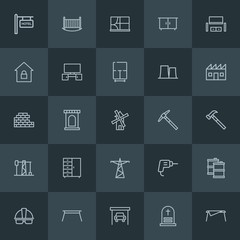 Modern Simple Set of industry, buildings, furniture Vector outline Icons. ..Contains such Icons as bed,  worker, fuel, garage,  home,  crib and more on dark background. Fully Editable. Pixel Perfect.