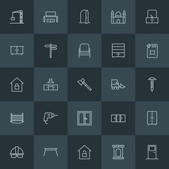 Fototapeta na wymiar Modern Simple Set of industry, buildings, furniture Vector outline Icons. ..Contains such Icons as security, room, home, glass, worker and more on dark background. Fully Editable. Pixel Perfect.