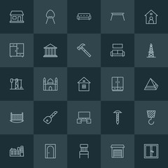 Modern Simple Set of industry, buildings, furniture Vector outline Icons. ..Contains such Icons as factory,  office,  illustration,  room and more on dark background. Fully Editable. Pixel Perfect.