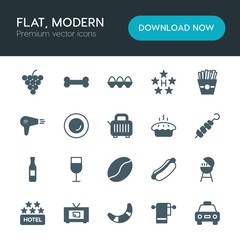 Modern Simple Set of food, hotel, drinks Vector fill Icons. ..Contains such Icons as  bbq,  bread,  vector,  hot, food, bone,  bunch,  cab and more on white background. Fully Editable. Pixel Perfect