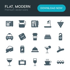 Modern Simple Set of food, hotel, drinks Vector fill Icons. ..Contains such Icons as  set,  meat,  white,  cup, can,  espresso, summer, hot and more on white background. Fully Editable. Pixel Perfect