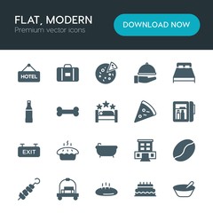 Modern Simple Set of food, hotel, drinks Vector fill Icons. ..Contains such Icons as  porridge,  architecture,  cake,  bag,  sweet,  meal and more on white background. Fully Editable. Pixel Perfect