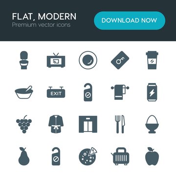 Modern Simple Set of food, hotel, drinks Vector fill Icons. ..Contains such Icons as  hygiene,  motel,  tv,  breakfast, bathrobe,  leaf and more on white background. Fully Editable. Pixel Perfect
