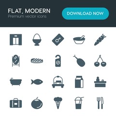 Modern Simple Set of food, hotel, drinks Vector fill Icons. ..Contains such Icons as travel,  modern,  suitcase,  ripe,  metal,  summer, key and more on white background. Fully Editable. Pixel Perfect