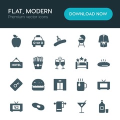 Modern Simple Set of food, hotel, drinks Vector fill Icons. ..Contains such Icons as  glass,  bottle,  wine,  bbq,  fast, food,  movie,  cab and more on white background. Fully Editable. Pixel Perfect