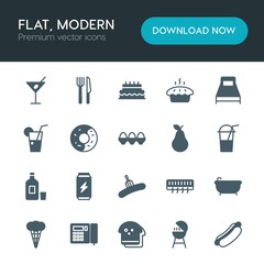 Modern Simple Set of food, hotel, drinks Vector fill Icons. ..Contains such Icons as food,  drink,  care,  temperature,  hygiene, cake, can and more on white background. Fully Editable. Pixel Perfect