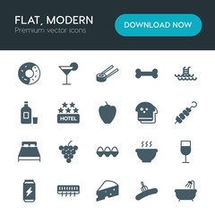 Modern Simple Set of food, hotel, drinks Vector fill Icons. ..Contains such Icons as  food,  fruit, cheese,  slice,  glass, soup, food, bath and more on white background. Fully Editable. Pixel Perfect