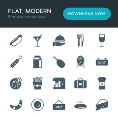 Modern Simple Set of food, hotel, drinks Vector fill Icons. ..Contains such Icons as  slice,  open,  breakfast,  white,  cappuccino,  potato and more on white background. Fully Editable. Pixel Perfect