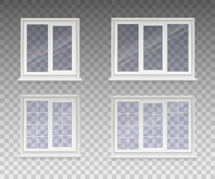 Set of closed window with transparent glass in a white frame. Isolated on a transparent background. Vector