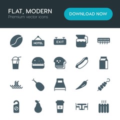 Modern Simple Set of food, hotel, drinks Vector fill Icons. ..Contains such Icons as  house,  motel,  ripe,  door,  city,  cappuccino, table and more on white background. Fully Editable. Pixel Perfect