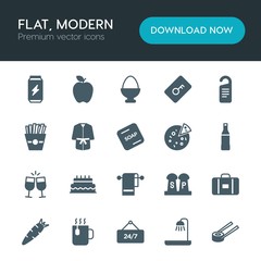 Modern Simple Set of food, hotel, drinks Vector fill Icons. ..Contains such Icons as  seafood, fresh,  time,  food,  home,  apple, sushi and more on white background. Fully Editable. Pixel Perfect