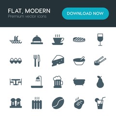 Modern Simple Set of food, hotel, drinks Vector fill Icons. ..Contains such Icons as  rosemary,  restaurant,  shower,  closeup,  spa,  bath and more on white background. Fully Editable. Pixel Perfect