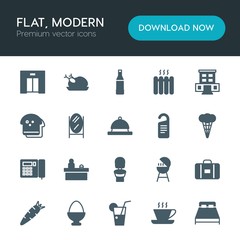 Modern Simple Set of food, hotel, drinks Vector fill Icons. ..Contains such Icons as  bbq,  grilling,  desk,  luggage, cocktail,  meat,  cup and more on white background. Fully Editable. Pixel Perfect