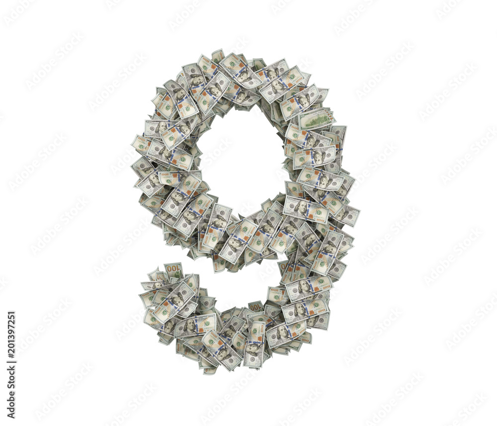 Poster 3d rendering of a large number 9 made of countless 100 dollar bills on a white background.