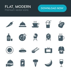 Modern Simple Set of food, hotel, drinks Vector fill Icons. ..Contains such Icons as  healthy,  clean,  red, beef,  hot,  tv,  spicy,  salad and more on white background. Fully Editable. Pixel Perfect